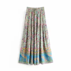 Бохо-шик летний Винтаж Цветочный длинная юбка с принтом Для женщин 2019 мода эластичный пояс кружево вверх разрез пляжные плиссированные
