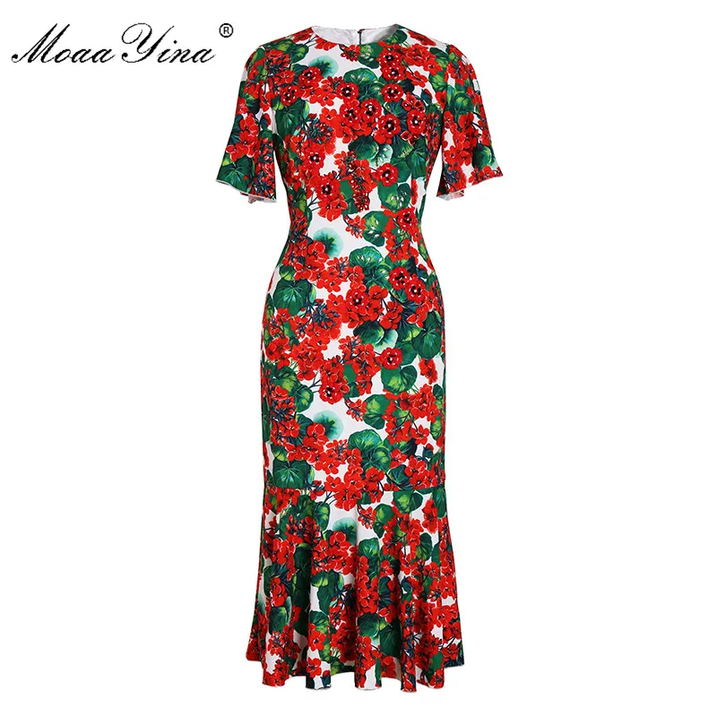 

MoaaYina Fashion Designer Runway dress Spring Summer Women Dress Applique Beading Floral-Print Midi Mermaid Dresses