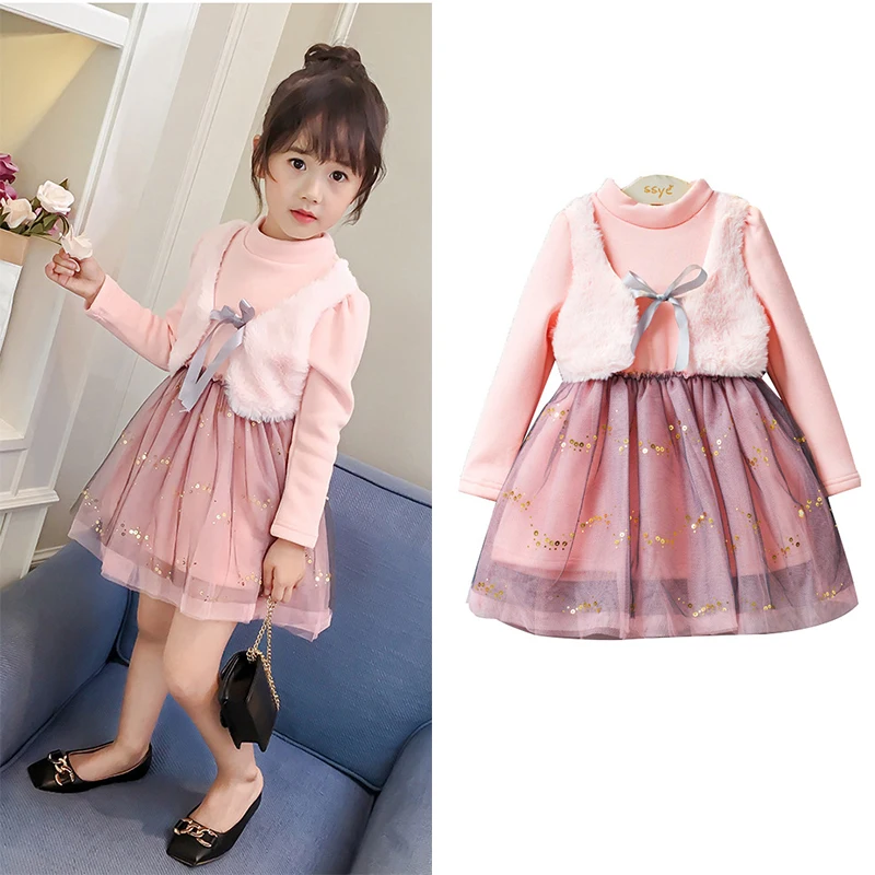 Winter warm velvet mesh baby Tee tutu dress patch fleece vest girls 2 pcs set kids suit children clothes 2 to 7 yrs Winter warm velvet mesh baby Tee tutu dress patch fleece vest girls 2 pcs set kids suit children clothes 2 to 7 yrs