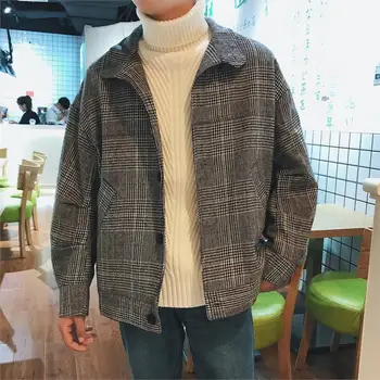 

2018 Men's Fashion Casual Loose Woolen Coat Lattice Printing Windbreaker Long Sleeves Grey/brown Color Jacket Outerwear S-2XL