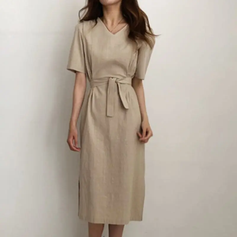 

Elegant Vintage Korean Style White Chic Summer Women Midi Dresses Straight Plain Lace Up Split Khaki Female OL Lady Retro Dress