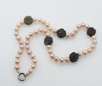 

freshwater pearl pink near round 8-9mm and agate carved flower necklace 19inch FPPJ wholesale