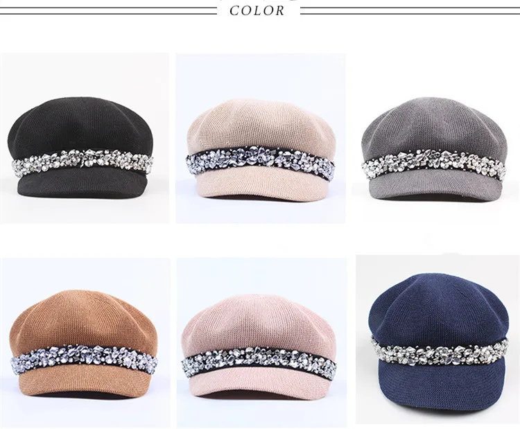 Hot Sale 2018 South Korea Style Hat Cotton Yarn Rhinestone Beret Fashion Lady Outdoor Leisure Hat  ACD04 (1)