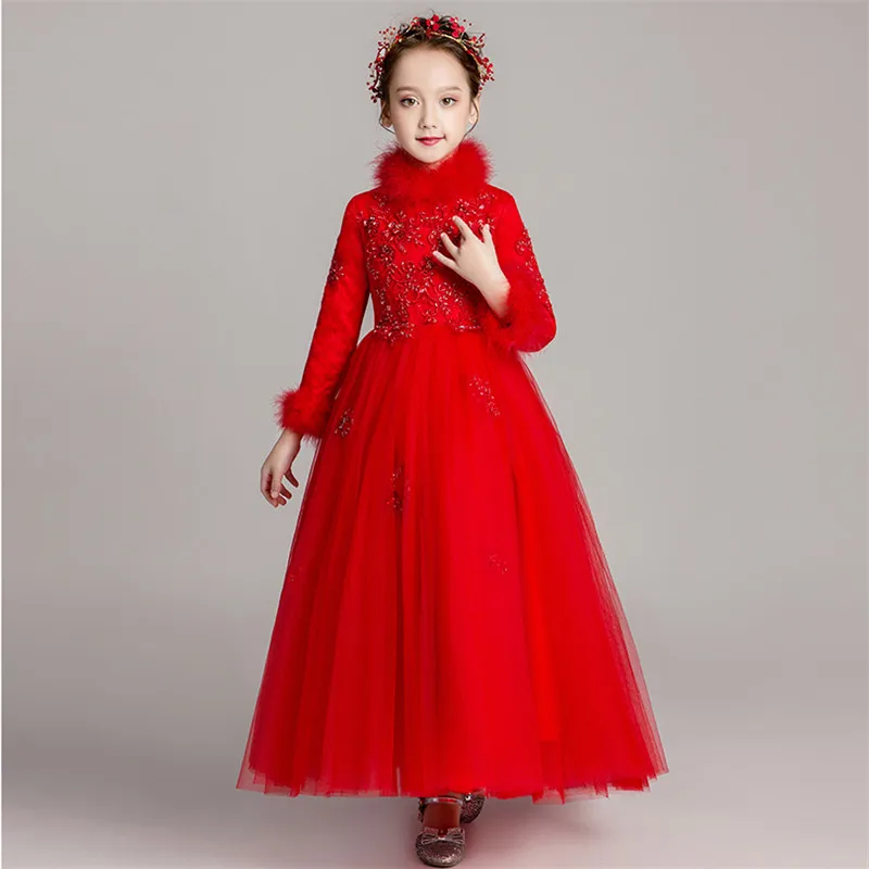 

Girls Children Red Long-sleeves thickening Birthday Princess Puffy Lace Dress Model Catwalk New Year Wedding Party Long Dress