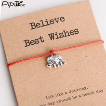 Pipipitree elefante vintage pulseira, acreditar, melhores desejos, cartão de papel, presente, corda vermelha, pulseiras femininas, homens, crianças, joia