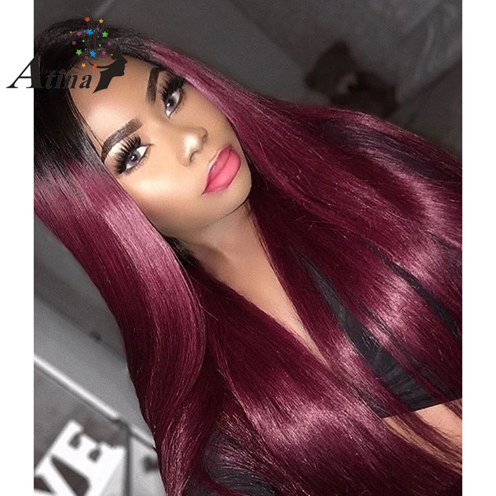 Ombre T1b 99j Burgundy Lace Front Human Hair Wigs With Baby Hair Pre