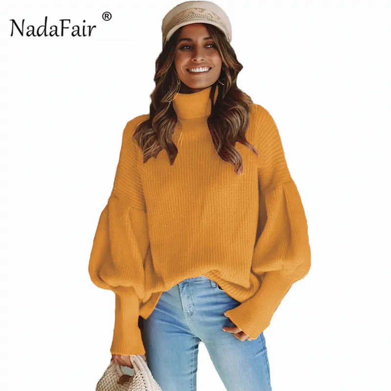 Goedkoop Nadafair winter lantaarn mouw losse coltrui vrouwen truien koreaanse thicken warm solid gebreide jumpers tops vrouwen