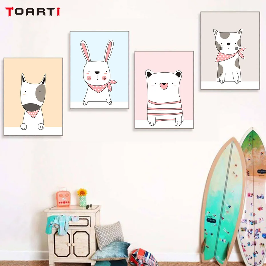 

Child Poster Cute Cartoon Animal Rabbit Cat Canvas Art Painting Posters Prints Modern Wall Charts Picture Nursery Wall Decor