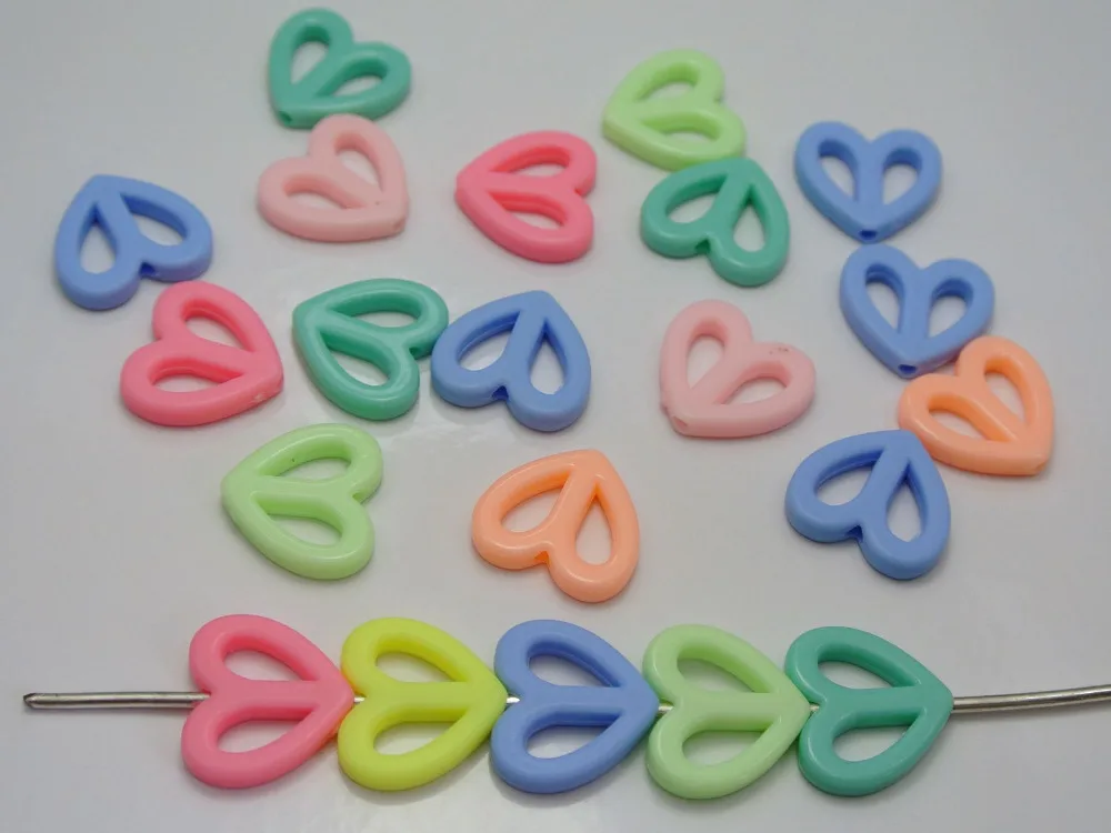 

100 Mixed Pastel Color Acrylic Hollow Heart Beads Connector Charms 17X15mm