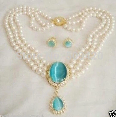 

hot sellHot! CharmiNg! jewelry Natural white pearl necklace opal pendant earring set