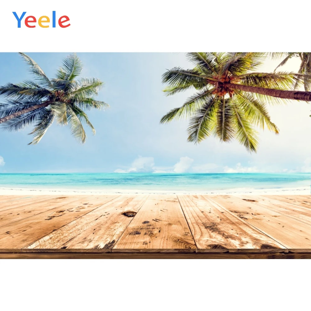 

Yeele Blue Sky Seaside Travel White Clouds Coconut Tree Boardwalk Bright Photographic Backdrops for Photo Studio