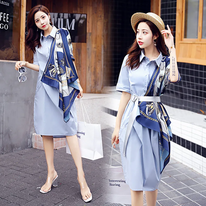 

Plus Size Oversized Elegant High Waist Buckle Belt Sashes Satin Silk Scarf Ruffles Slim Shirt Dress Summer Fashion Knee Robe Top