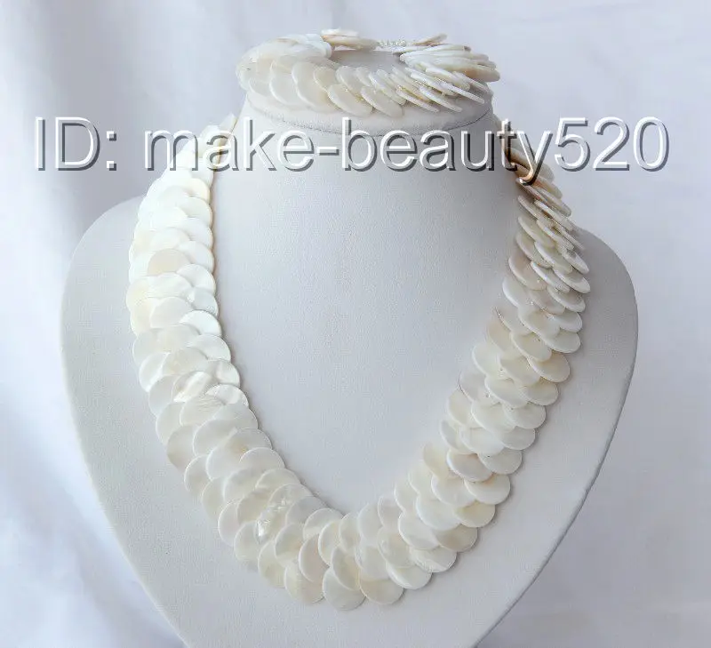 

stunning big 15mm round coin white shell pearl necklace bracelet set s2435 AAA style Fine Noble real Natural free shipping
