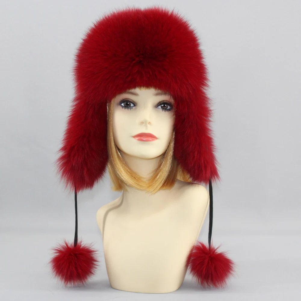 Genuin Fox Fur Hats Lady Real Fox Fur Lei Feng Cap for Russian Women Bomber Hats with Leather Caps Retail wholesale