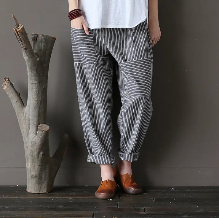 Autumn Ethnic Style Striped Cotton and Linen Loose Baggy Trousers Turnip Pants Women's Clothing Hippie Boho Capris Harem Pants