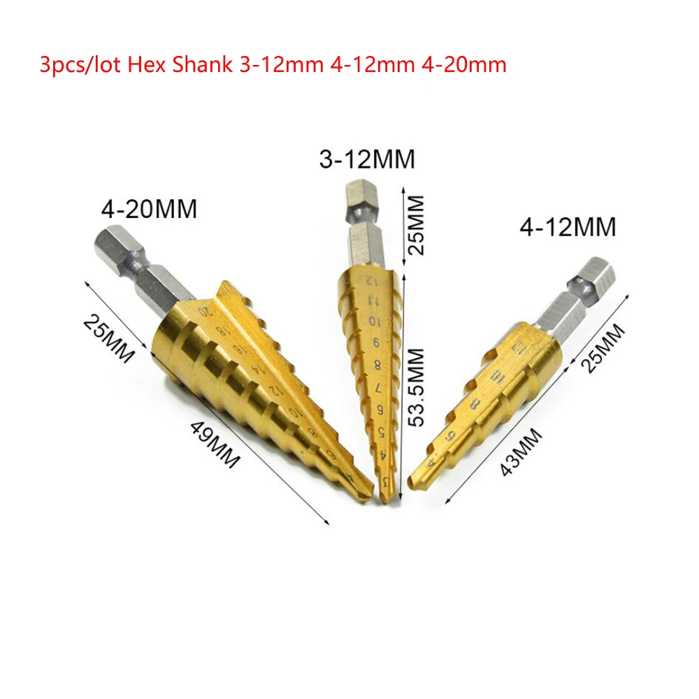 5 Step Size 3-12mm 4-12mm 3 PCs Hexagonal Handle Tower Step Drill Bit Set with Cloth Case 4-20mm 10 Step 9 Step