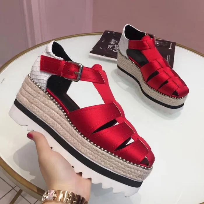 

Hot Buckle Design Gladiator Lady Women Sandals Satin Wedges Woman Shoes Hallow Out Platform Woman Shoe Mujer Sandalia New