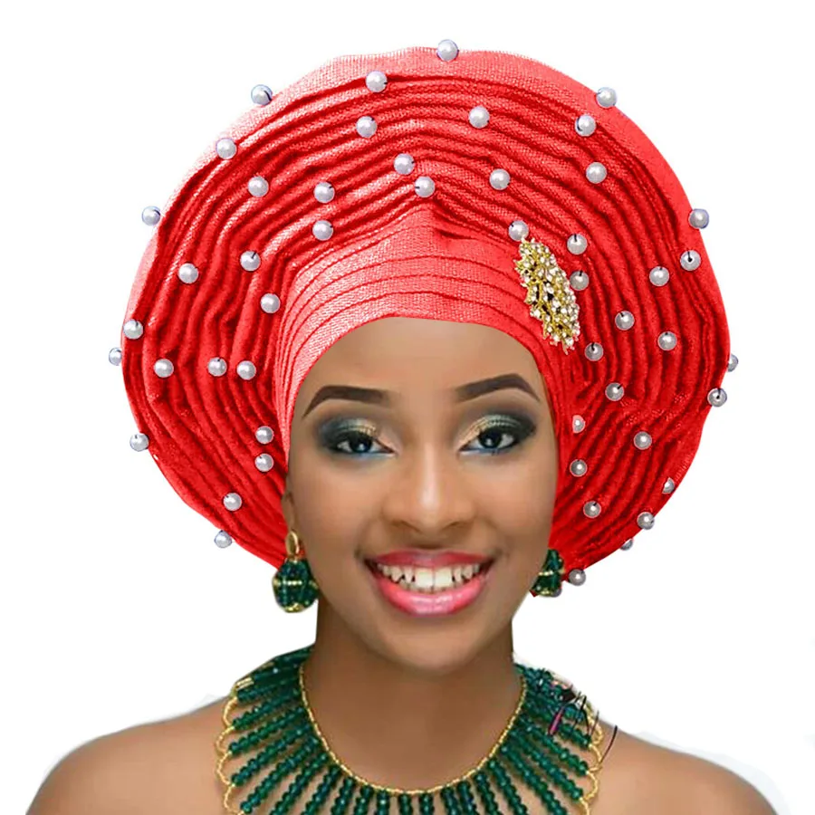 red Aso oke gele nigerian woman headtie with white beads african woman auto gele for wedding headwear 2018