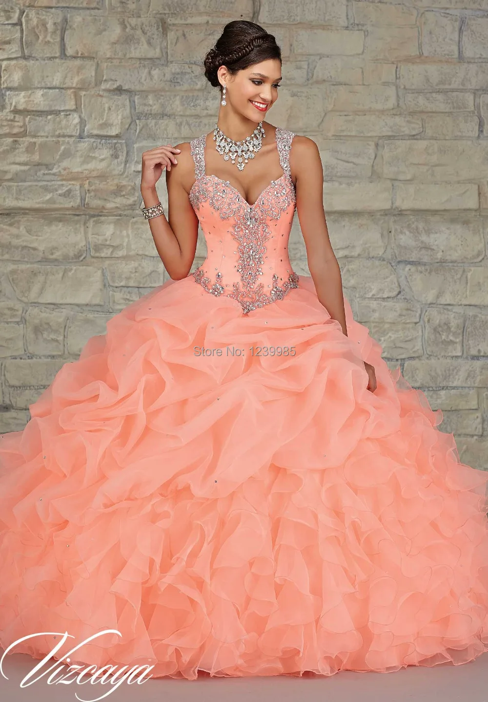 

EQ008 Orange Quinceanera Dress 2018 Ruffled Organza Skirt with Embroidered Beaded Crystals Bodice Ball Gown Dress for 15 years