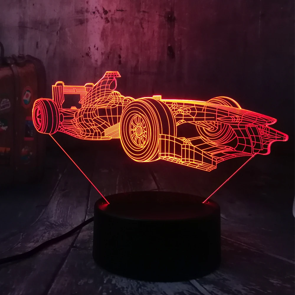 Прохладный формула гоночный автомобиль 3D светодиодный ночной Светильник подставка акриловая настольная лампа вечерние домашний декор, спортивный костюм для мальчиков, игрушка, подарок на день рождения, рождественский подарок