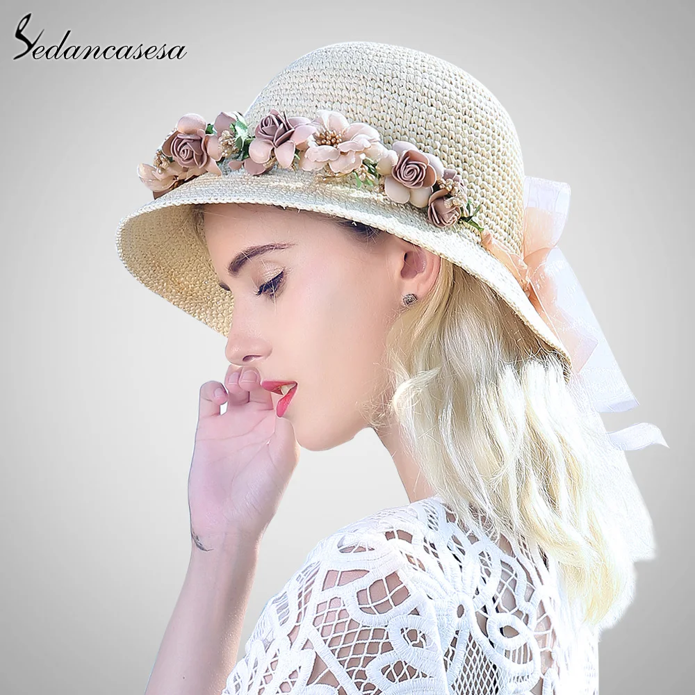 Sedancasesa summer sun hats handmade flower straw hat women's garland