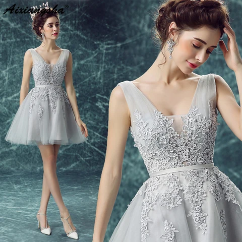 Vestidos de Noite V-neck a Linha Acima do Joelho Vestidos de Formatura Vestidos de Cocktail Branco Curto Lace Mangas Mini Dresses 2020