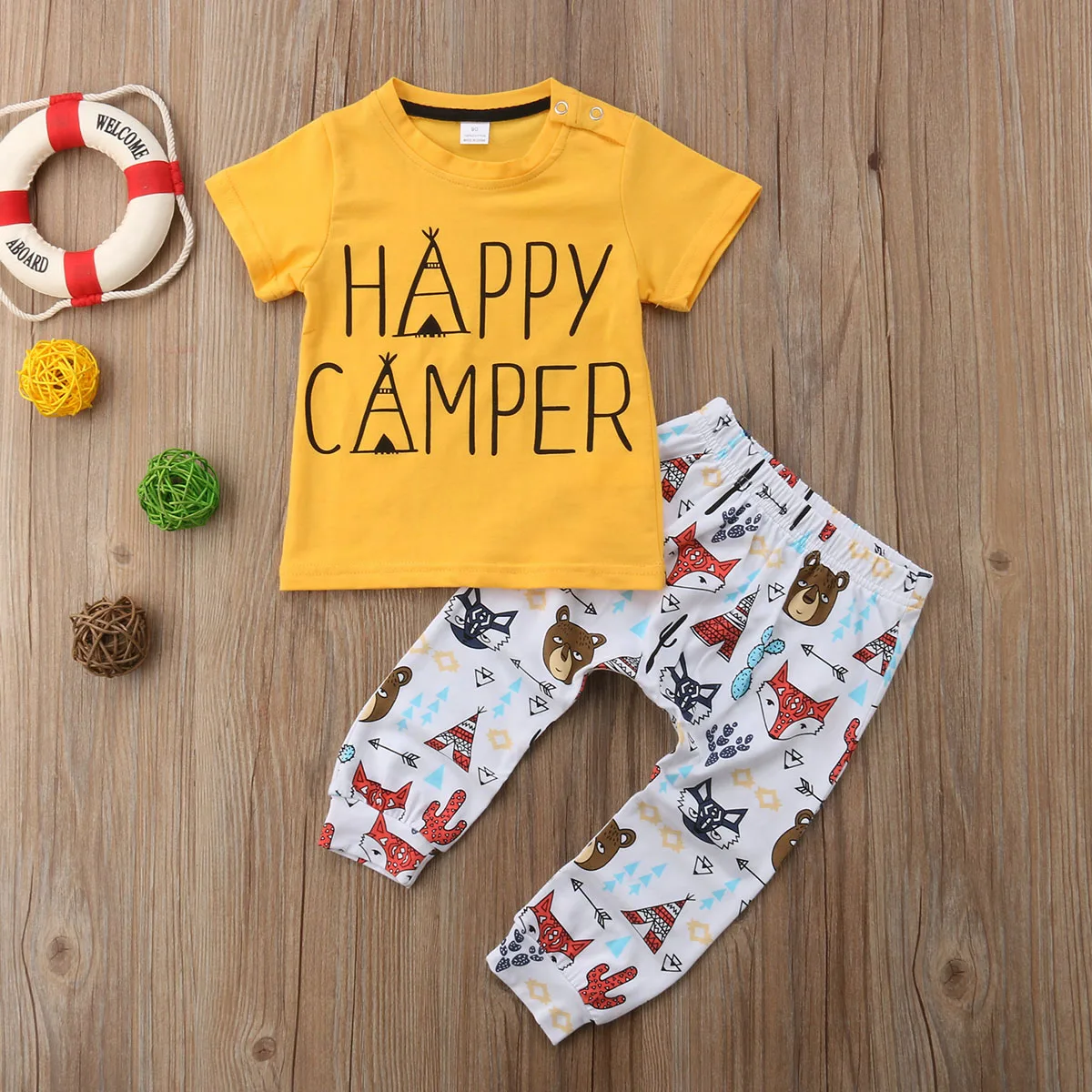 Повседневные топы для маленьких мальчиков с надписью «happy camper», футболка+ штаны с принтом с героями мультфильмов, комплект одежды из 2 предметов, детская одежда