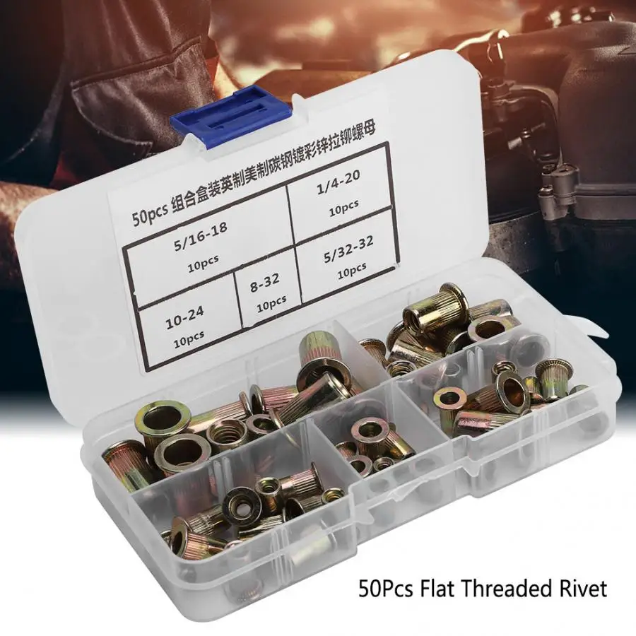 

50Pcs/set Hand Riveter Rivet Nut Flange Rivet Nutsert Plated Carbon Steel Flat Threaded Rivet Nuts Repair Tool Accessory