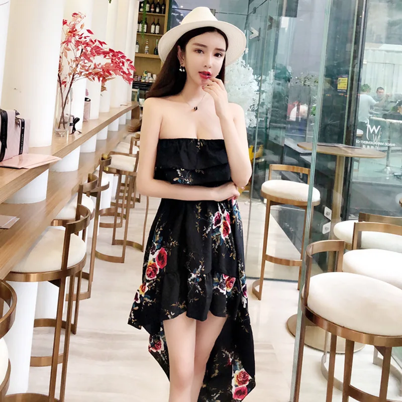 2018 New Summer Women's  Sexy  Printing  Ruffles Tops  Irregular Paty Dress Free Shipping