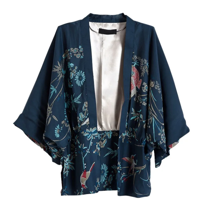 Японский женский кардиган с рукавом летучая мышь, куртки типа кимоно, женское летнее кимоно Harjuku, женское свободное кимоно с принтом Феникса - Цвет: Nave Blue