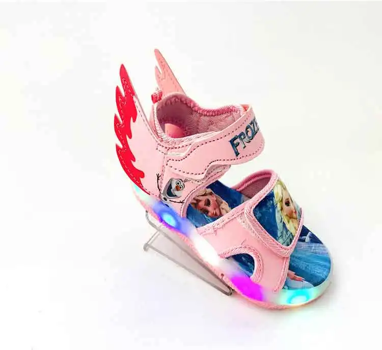 Замороженные Эльза и Анна с крыльями обувь для девочек с светодиодный светильник Принцессы Диснея детская мягкая обувь тапочки sandalias детский подарок - Цвет: Розовый