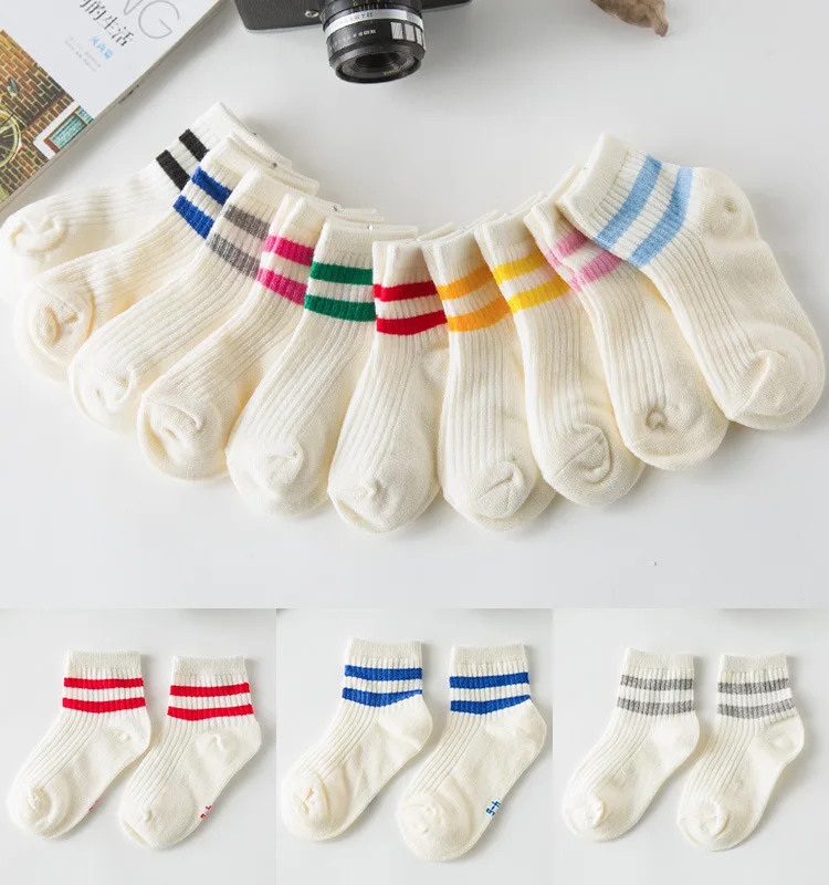 Cotton Children Socks Kids Socks Stripe Boys Girls White School Socks Sport Basketball Athletic Meias Coloured 2 Stripes 1-8 Y