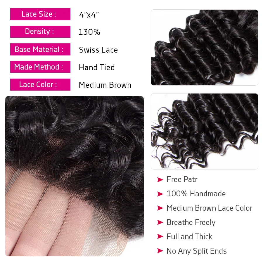 Cynosure Deep Wave Bundles with Closure Remy Human Hair 3 Bundles with Closure Brazilian Hair Weave Bundles Medium Ratio