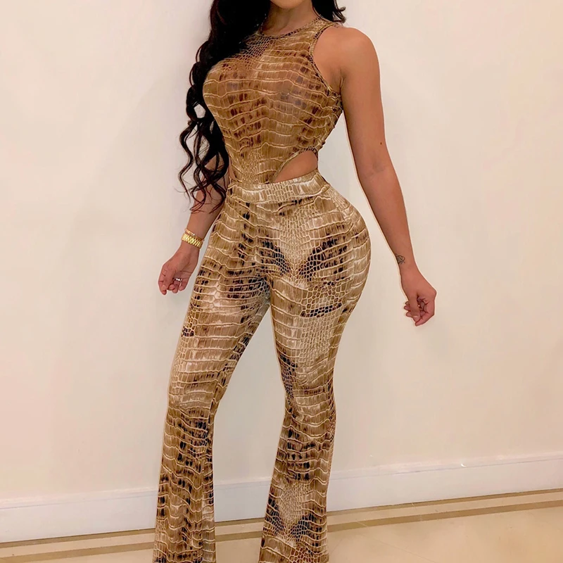 

Crocodile Print Sexy Pants Rompers O Neck Sleeveless Bodysuits+Pants Two Piece Sets Hollow Out Women Club Outfits Summer Sets