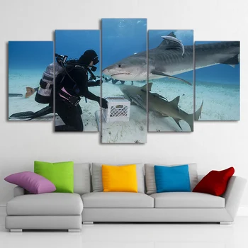 

Modern Painting Decor Posters Frame On Canvas 5 Piece/Pcs Diver And Shark Modular Picture Wall Art Home Living Room HD Printed