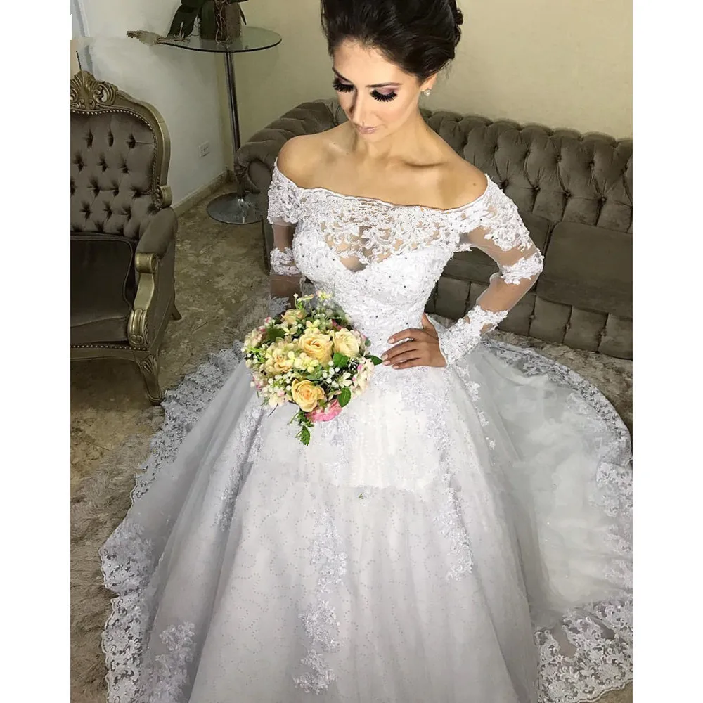 

Vestido De Casamento Wedding Dresses 2019 Off The Shoulder Long Sleeves Lace Appliques Bride Dress Vestido Branco Longo