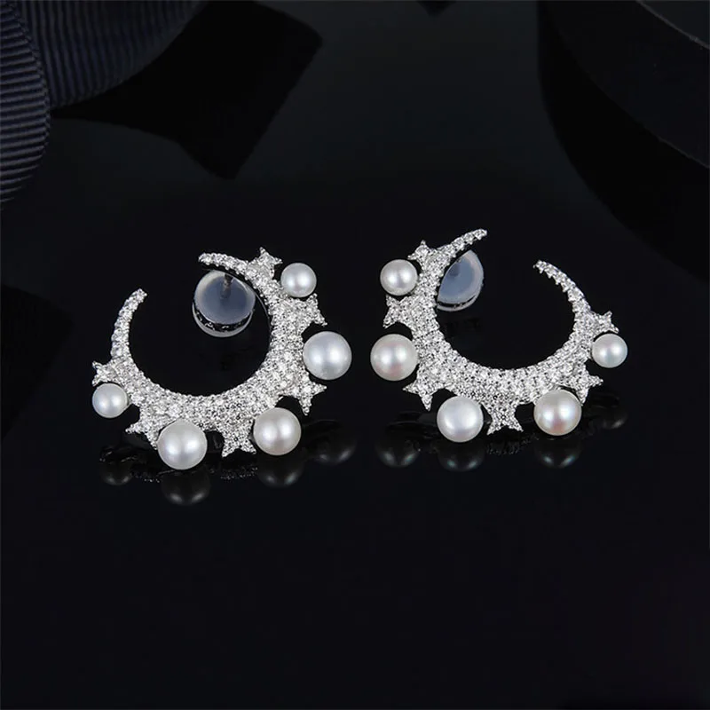 

Luxury Brand 925 Sterling Silver Pearl Earrings Cubic Zirconia Star Moon Earring Elegant Brand Designer Women Wedding Jewelry