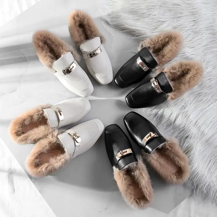 Mode Femmes Talons Métal Paresseux Pompes Cuir Lapin Chaussures La De En Chaud Tendance Véritable Femelle Avec 2018 Nouvelle Fourrure Décoration RXWBqncS