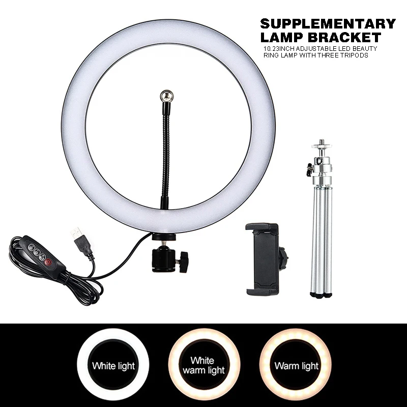 

Extendable 10" LED Camera Ring Light Cell Phone Holder with Tripod Stand Photo Studio Light With Phone Holder USB Plug Tripod