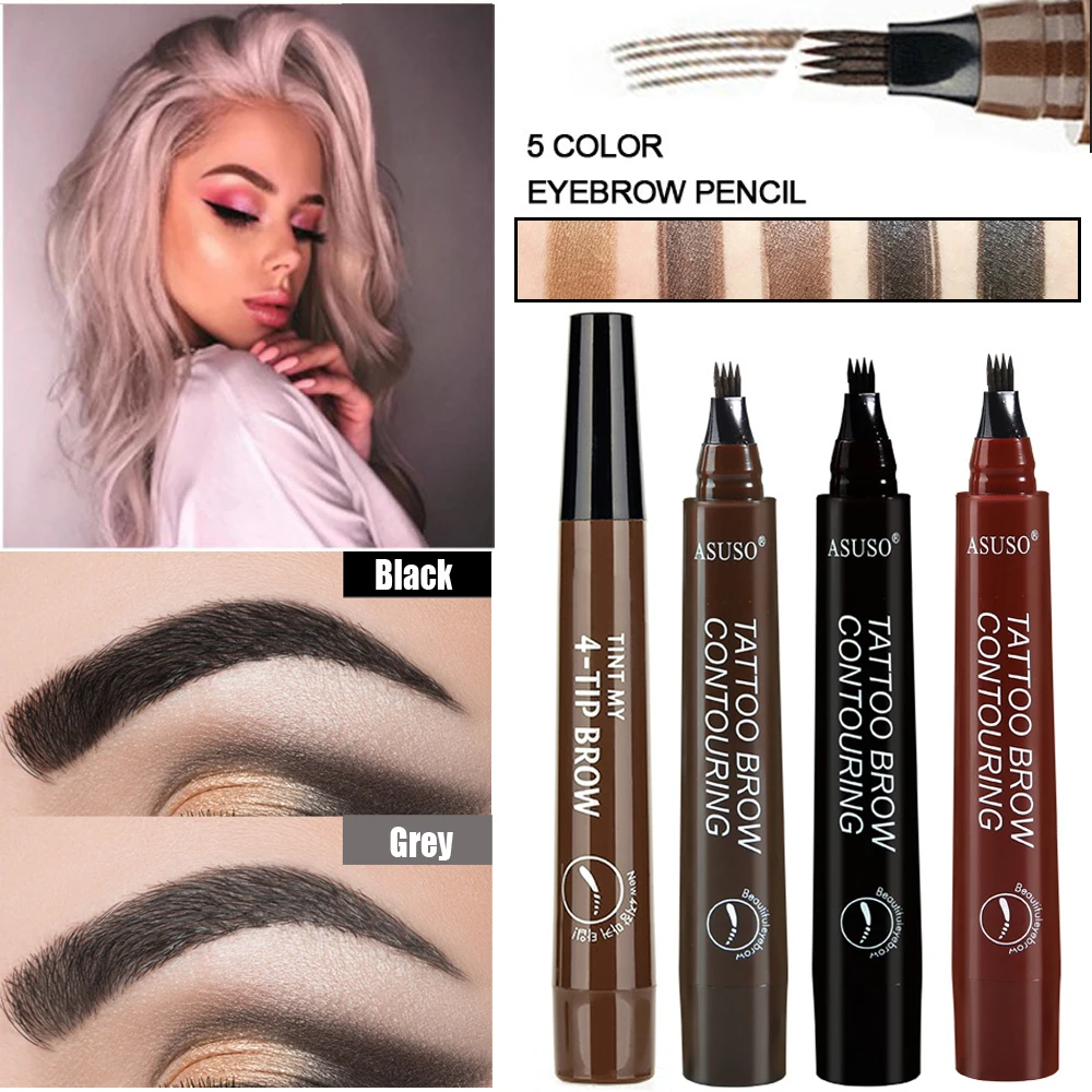 

5 Colors Waterproof Natural Eyebrow Pen Four-claw Eye Brow Tint Makeup Liquid Eyebrow Pencil Brown Black Grey Brush Cosmetics