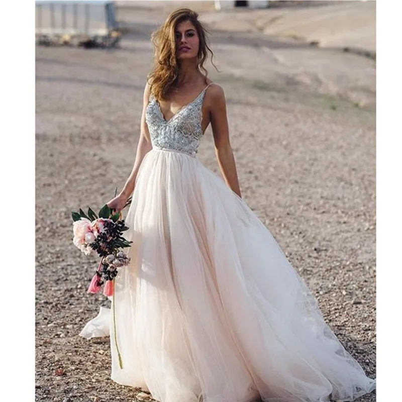 

Wedding Dress Light Pink Spaghetti Straps with Flowers Appliques Sexy Bride Dress Backless Vestido De Novia Playa Gowns