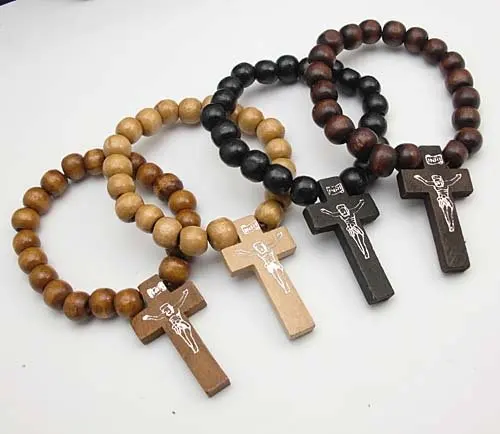 20 Pieces Fashion Wood Bracelet With Cross Crosses Beaded Wood Bracelet With Cross Crosses