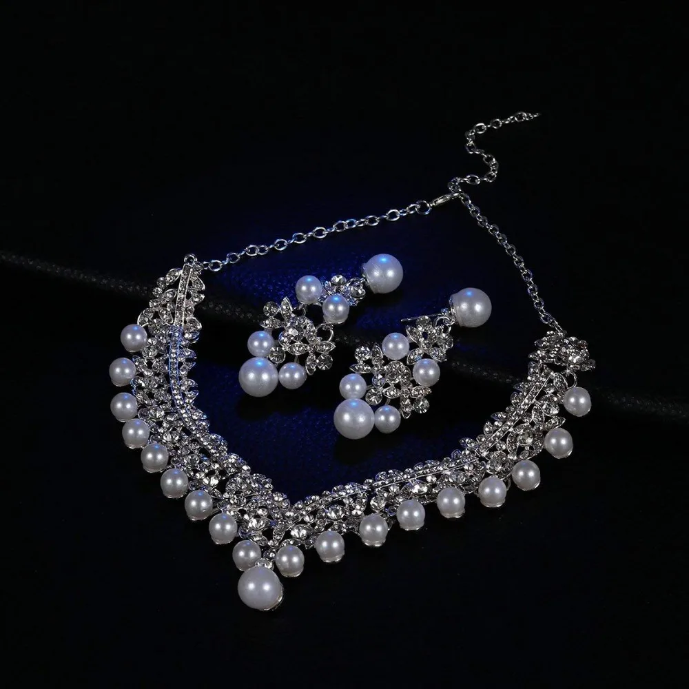 Frcolor Wedding Pearl Crown Tiara Flower Rhinestone Crystal Neckalce and Earrings Bridal Jewelry Sets (7)
