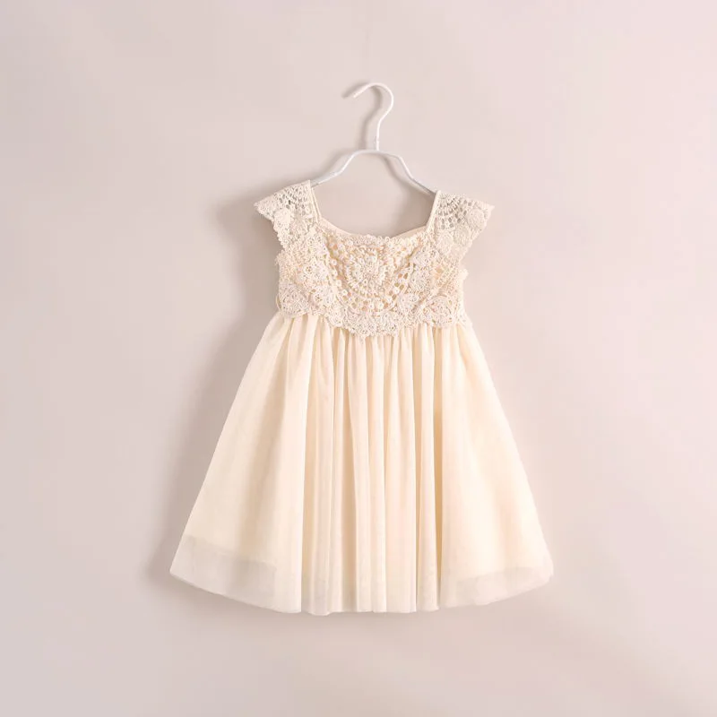 

Sweet Princess Kids Girls Beige Lace Ruffles Bow Tulle Princess Dress Summer Tutu Fashion Children Holiday Dresses