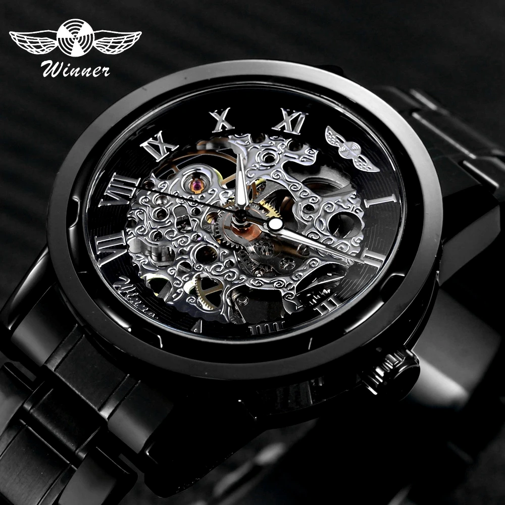 

WINNER Mens Luxury Hand Wind Mechanical Watch Stainless Steel Roman Number Skeleton Dial Luminous Hands Clock