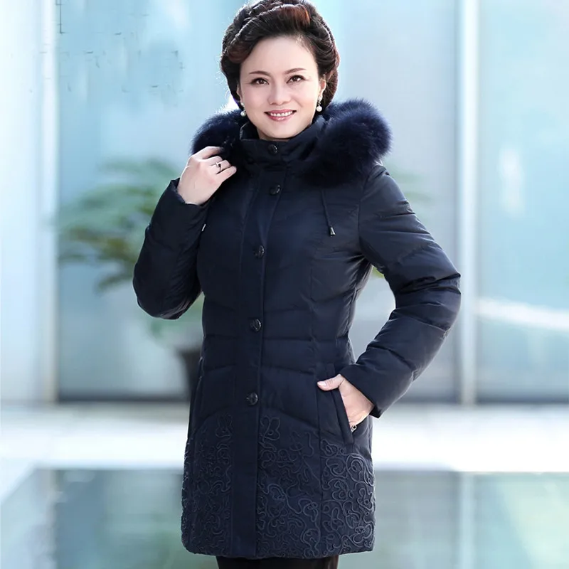 Новая зимняя куртка женская верхняя одежда тонкий уплотненный пуховик с капюшоном Женский натуральный Лисий меховой воротник теплая куртка пальто LA0100 - Цвет: Deep Blue