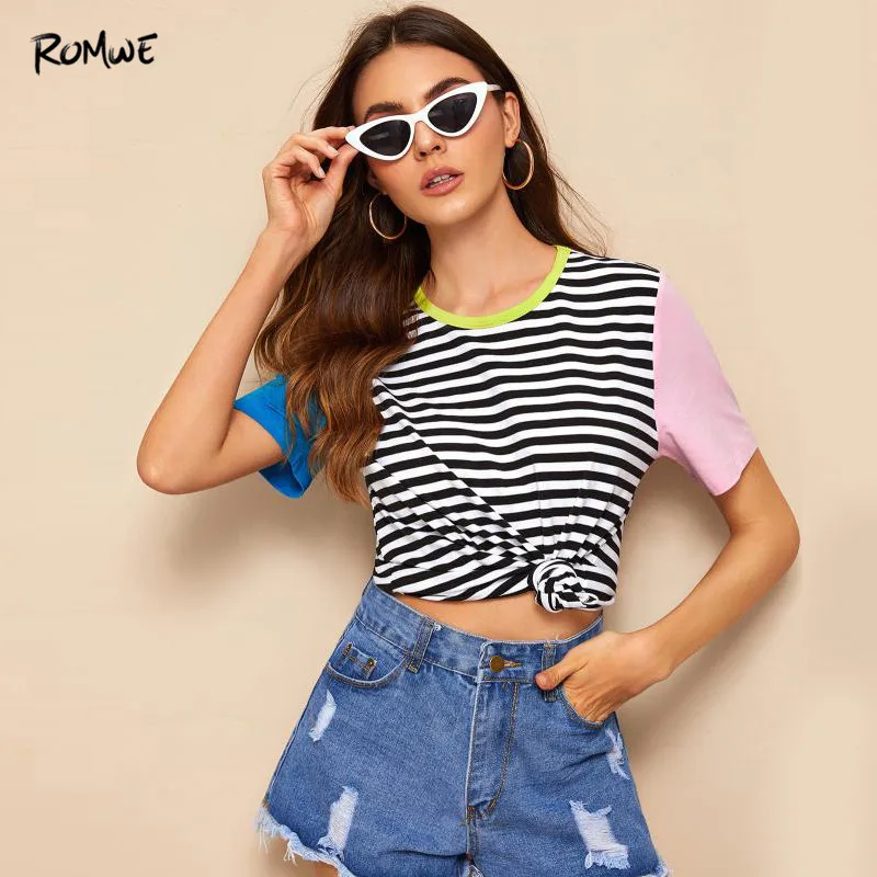 

ROMWE Colorblock Striped Tee Women Summer 2019 Multicolor Round Neck Tees Short Sleeve Female Casual Preppy T-Shirts Tops