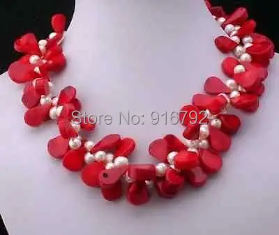

Wholesale FREE P&P>>>>Beautiful white pearl Water drops red coral necklace 17