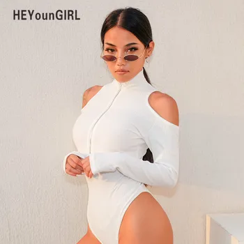 

HEYounGIRL Turtleneck White Bodysuit Women Cotton Long Sleeve Bodysuit Women Casual Off Shoulder Body Feminino Bodycon Jumpsuits