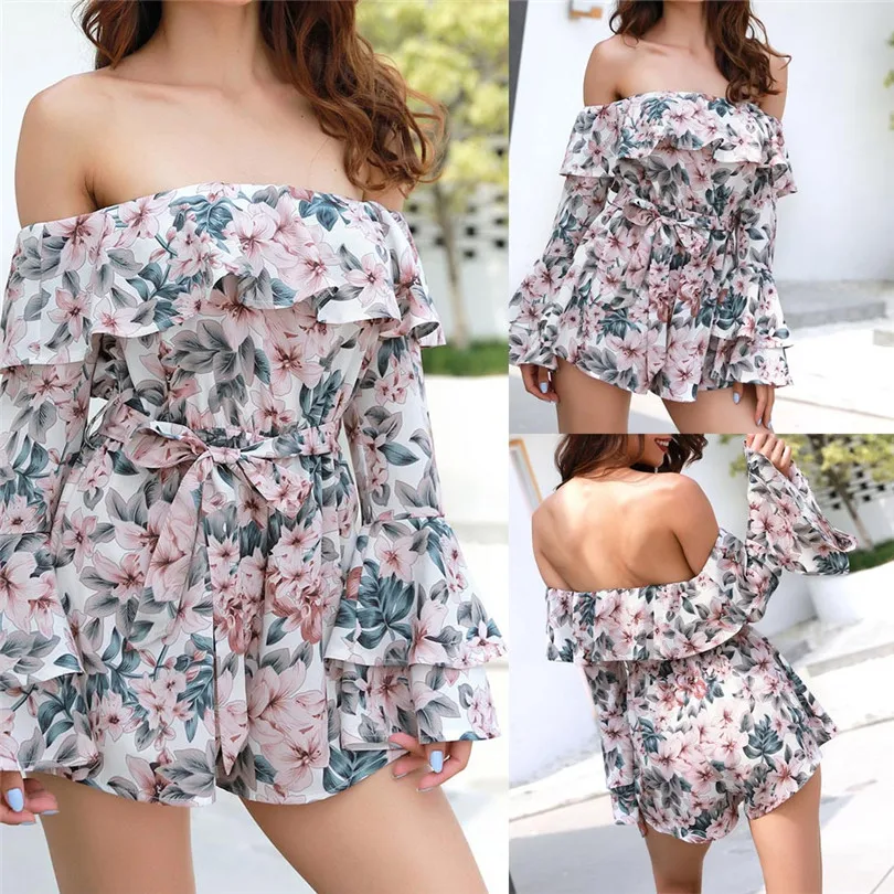 Fashion Girls Women Summer Ladies Casual Daily Playsuits Printing Long Sleeve Loose Beach Casual Jumpsuit Playsuits #4F12 (1)